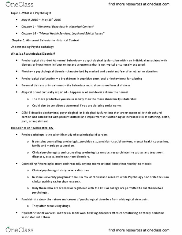 Psychology 2035A/B Chapter Notes - Chapter 1,16: Community Mental Health Service, Evidence-Based Practice, Mental Disorder thumbnail