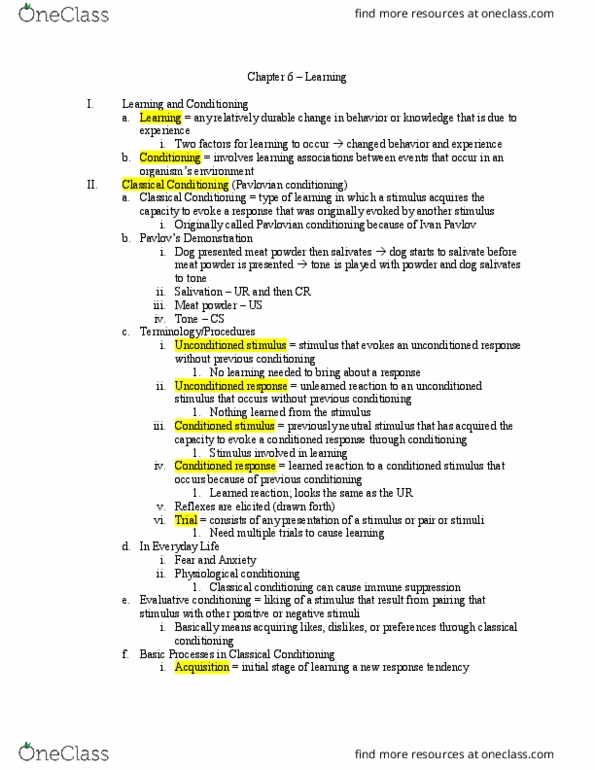 PSYC 101 Lecture Notes - Lecture 6: Classical Conditioning, Edward C. Tolman, Latent Learning thumbnail