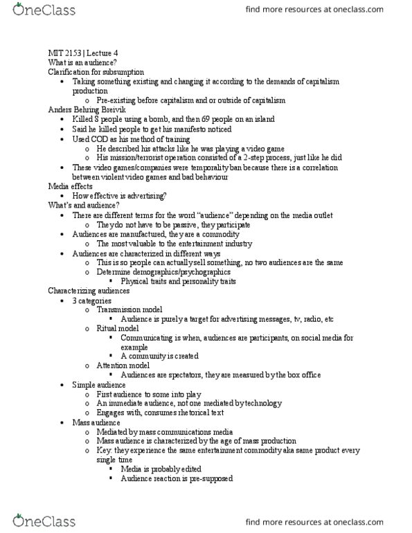 Media, Information and Technoculture 2153A/B Lecture Notes - Lecture 4: Anders Behring Breivik, Mass Media, Culture Industry thumbnail