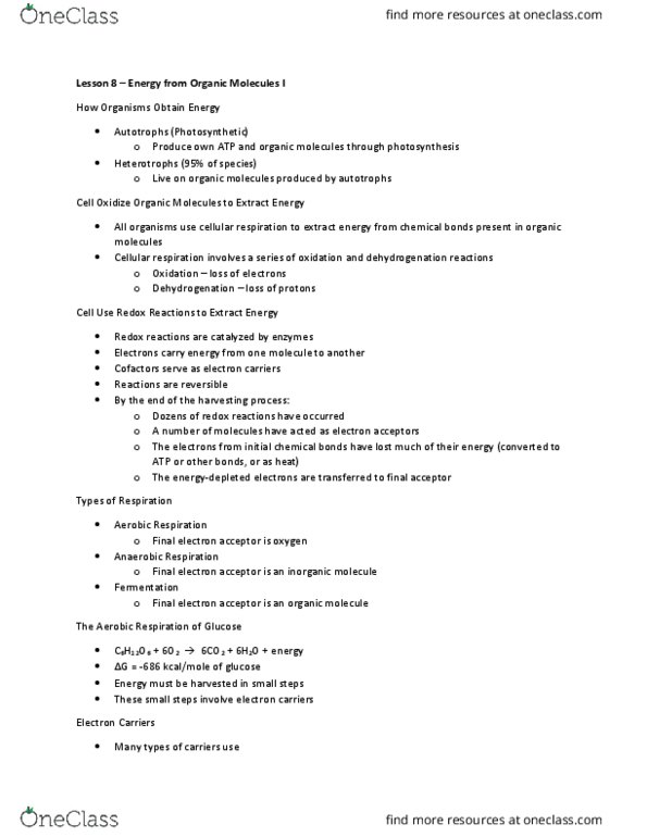 BIOL 1105 Lecture Notes - Lecture 8: Dehydrogenation, Organic Compound, Nicotinamide Adenine Dinucleotide thumbnail