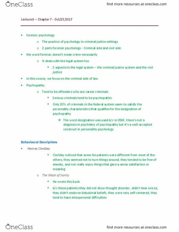 PSYC39H3 Lecture Notes - Lecture 6: Hervey M. Cleckley, Psychopathy Checklist, Antisocial Personality Disorder thumbnail