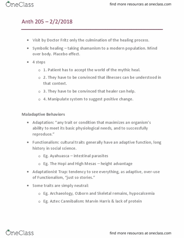 ANTH 205 Lecture Notes - Lecture 2: Marvin Harris, Ayahuasca, Adaptationism thumbnail