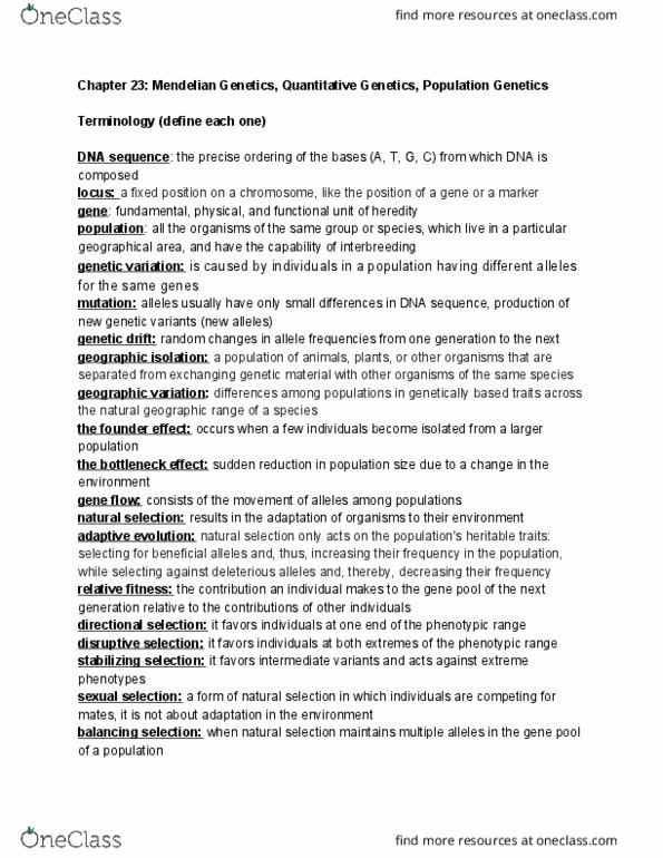 BIO 123 Lecture Notes - Lecture 2: Mendelian Inheritance, Population Genetics, Allele Frequency thumbnail