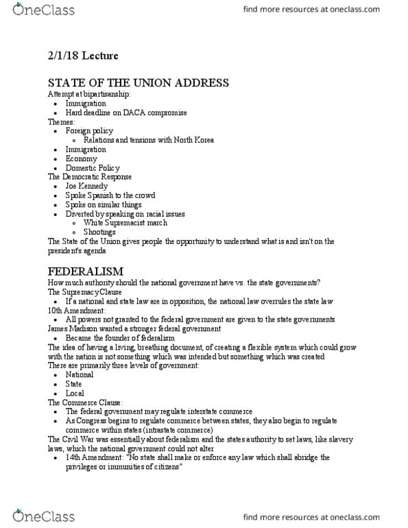 POL 110 Lecture Notes - Lecture 4: Commerce Clause, Tenth Amendment To The United States Constitution, Fourteenth Amendment To The United States Constitution thumbnail