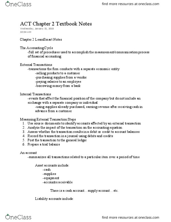 ACT 205 Chapter Notes - Chapter 2.1: Accounts Payable, General Ledger, Accounting Equation thumbnail