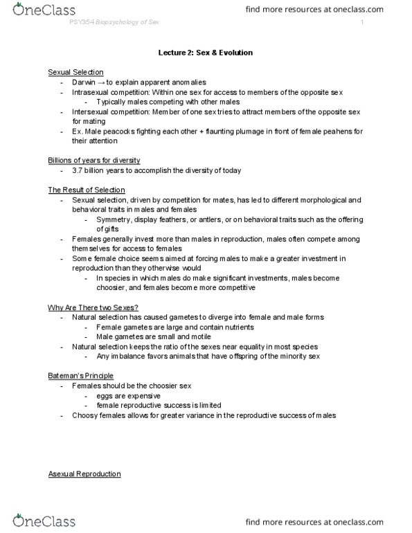 PSY354H5 Lecture Notes - Lecture 2: Sexual Selection, Behavioral Neuroscience, Natural Selection thumbnail