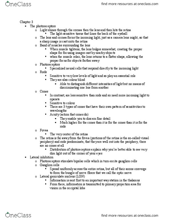 PSYC 2650 Chapter Notes - Chapter 3-4: Lateral Geniculate Nucleus, Receptive Field, Edge Detection thumbnail