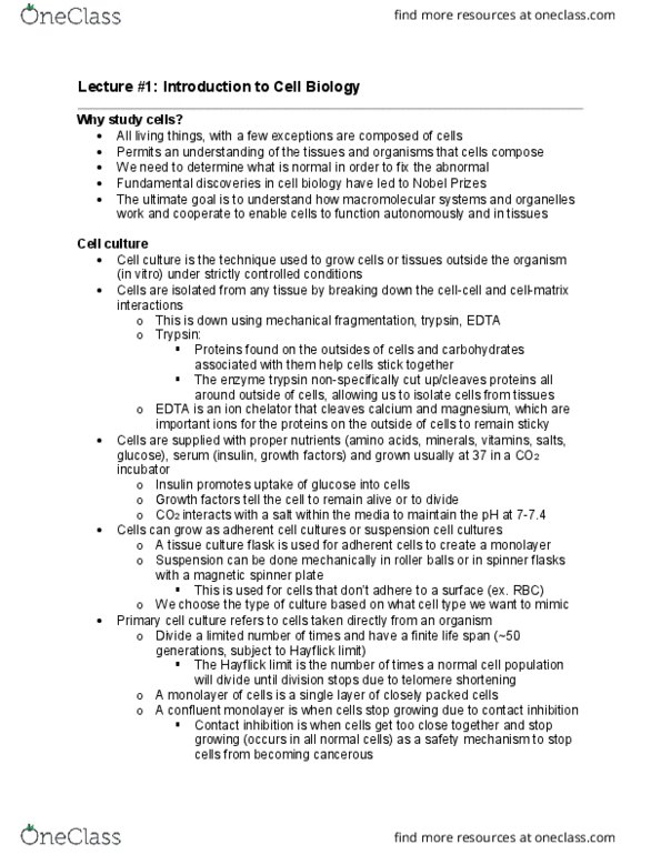 Biology 2382B Lecture Notes - Lecture 1: Hayflick Limit, Cell Culture, Contact Inhibition thumbnail