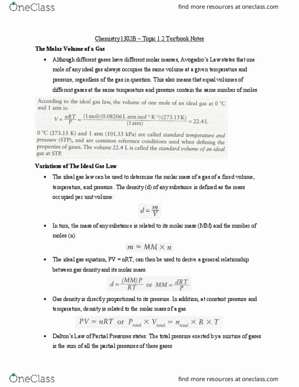 Chemistry 1302A/B Chapter Notes - Chapter 1.2: Ideal Gas Law, Molar Mass, Vapor Pressure thumbnail