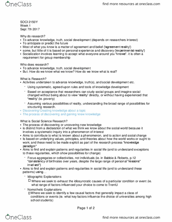 SOCI 2150Y Lecture Notes - Lecture 1: Qualitative Property, Nomothetic thumbnail