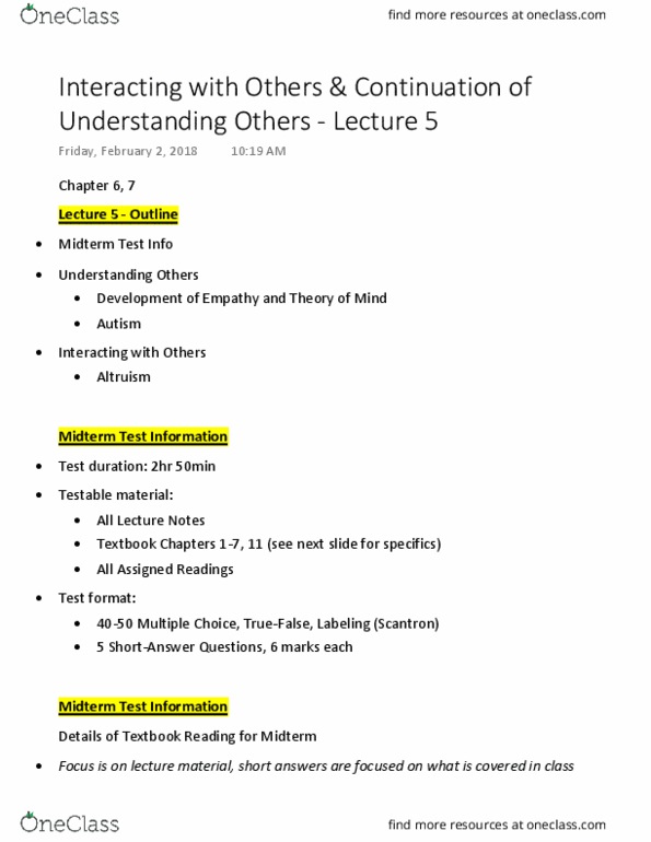 PSY353H5 Lecture 5: Interacting with Others & Continuation of Understanding Others - Lecture 5 - social neuroscience thumbnail