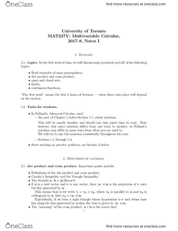 MAT237Y1 Lecture Notes - Lecture 1: Folland Aircraft, Multivariable Calculus, Cross Product thumbnail