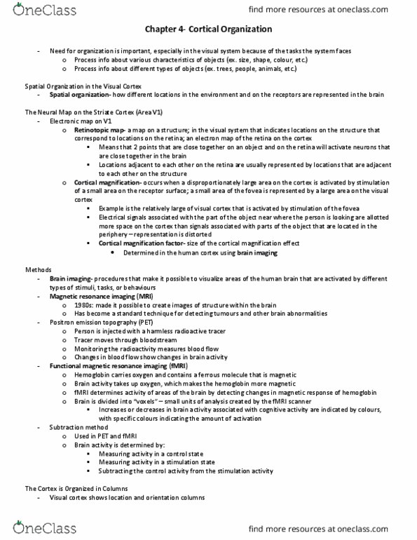 PSYCO367 Chapter Notes - Chapter 4: Magnetic Resonance Imaging, Radioactive Tracer, Visual Cortex thumbnail