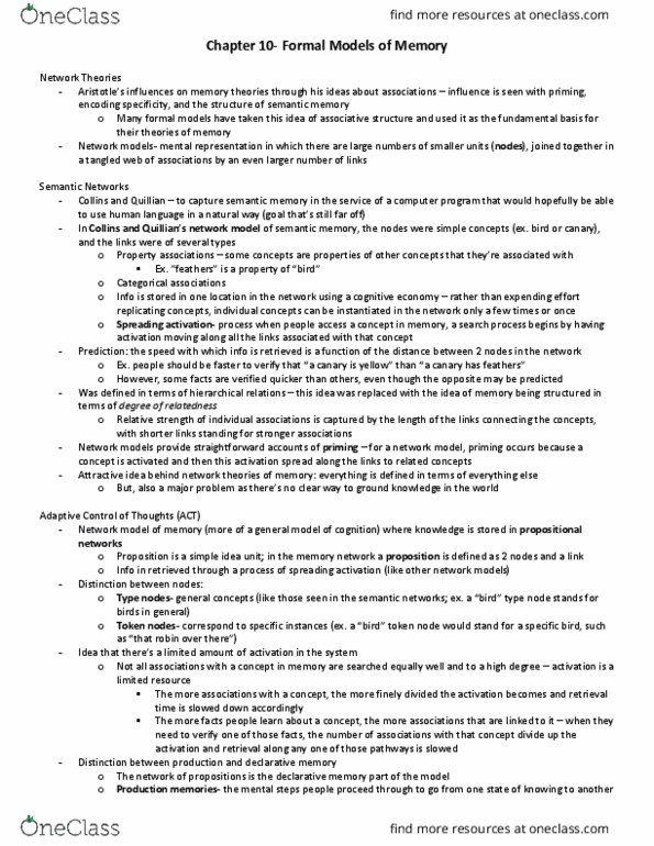 PSYCO350 Lecture Notes - Lecture 6: Semantic Network, Network Model, Explicit Memory thumbnail