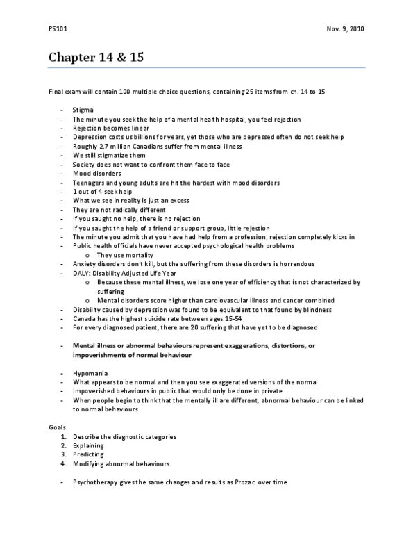 PS101 Lecture Notes - Lecture 16: Outline Of Health Sciences, Hypomania, Disability-Adjusted Life Year thumbnail