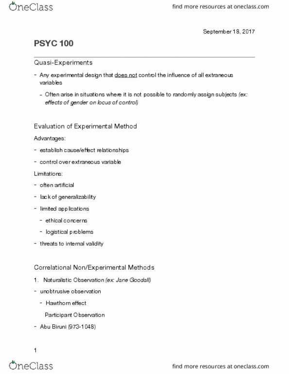 PSYC 100 Lecture Notes - Lecture 3: Jane Goodall, Al-Biruni, Dependent And Independent Variables thumbnail