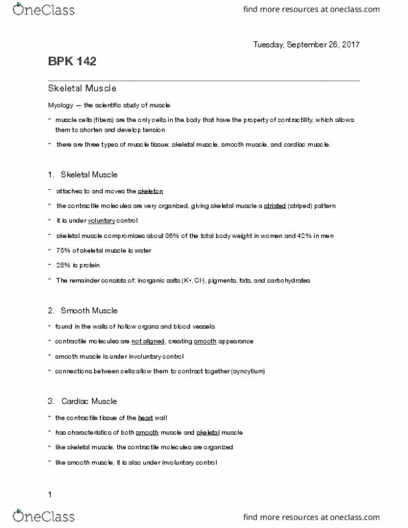 BPK 142 Lecture Notes - Lecture 5: Skeletal Muscle, Cardiac Muscle, Myology thumbnail