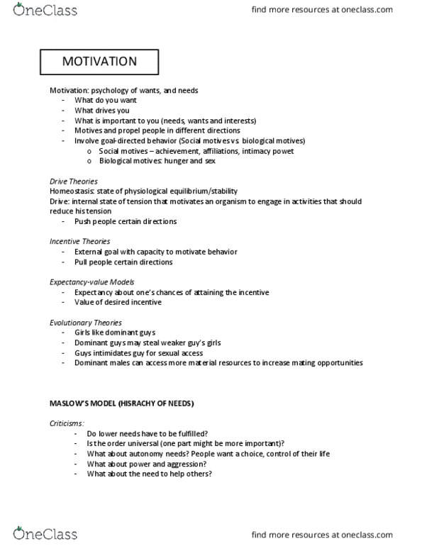 PSYC 1010 Lecture Notes - Lecture 1: Homeostasis thumbnail