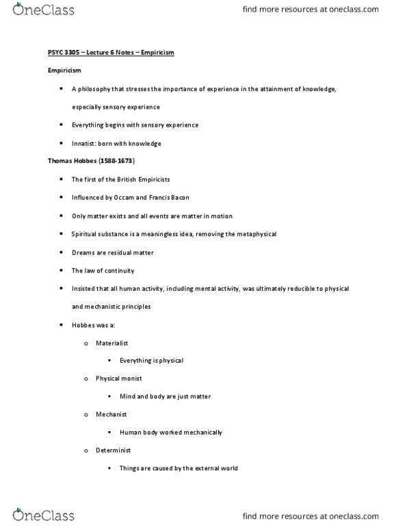 PSYC 3305 Lecture Notes - Lecture 6: An Essay Concerning Human Understanding, Monism, Empiricism thumbnail