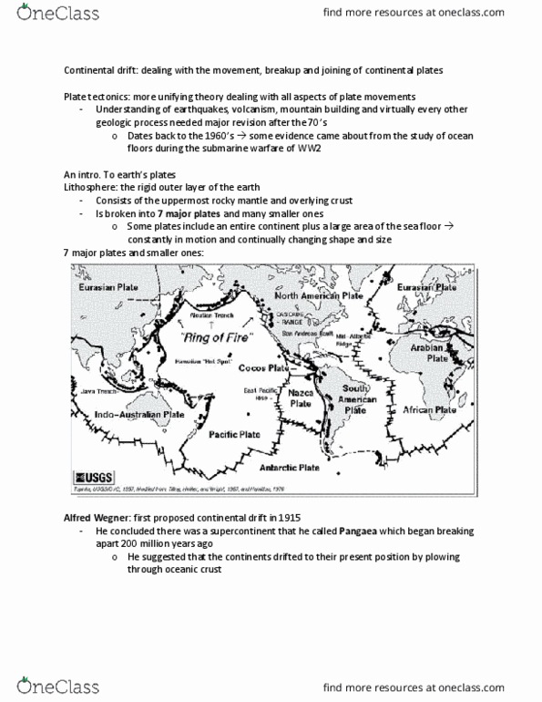 ENVS 1060 Lecture Notes - Lecture 3: Continental Drift, Continental Crust, Plate Tectonics thumbnail