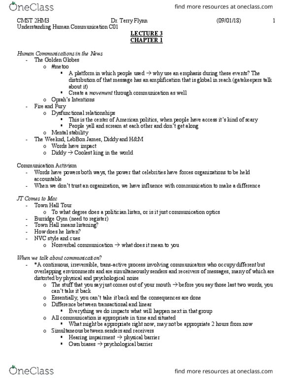 CMST 2H03 Lecture Notes - Lecture 3: The Weeknd, Nonverbal Communication, Hearing Loss thumbnail