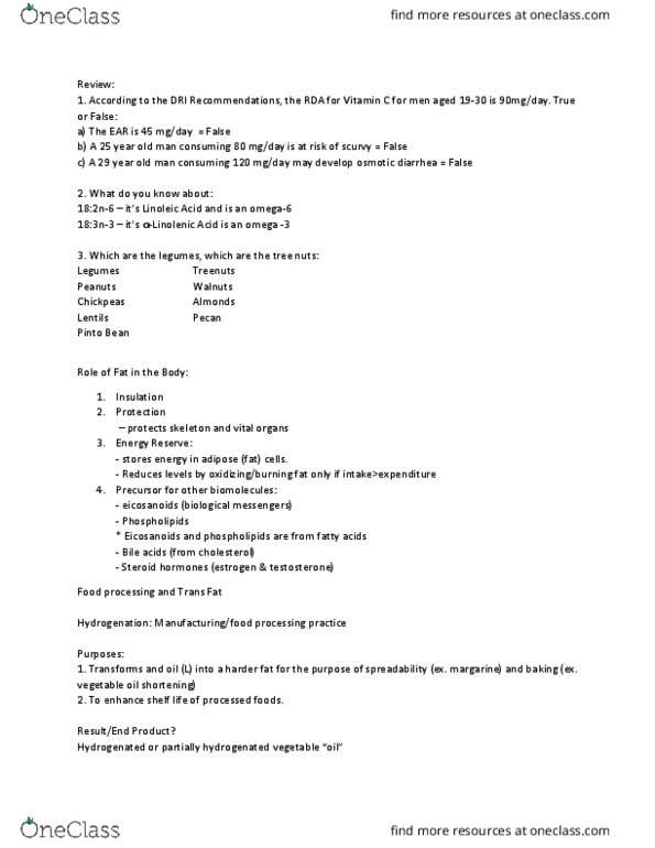 NUTR 120 Lecture Notes - Lecture 5: Hydrogenation, Conjugated Linoleic Acid, Peanut Butter thumbnail