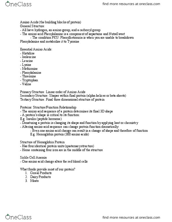 NUTR 120 Lecture Notes - Lecture 13: Sickle-Cell Disease, Nutrasweet, Phenylalanine thumbnail