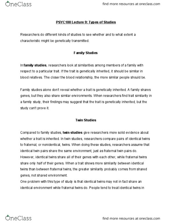 PSYC 100 Lecture Notes - Lecture 9: Twin, Twin Study thumbnail