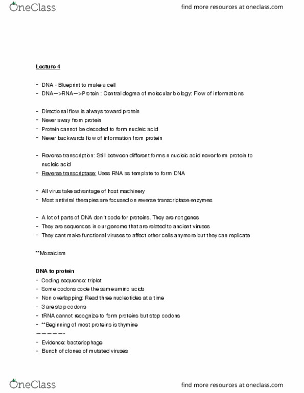 CELL201 Lecture Notes - Lecture 4: Reverse Transcriptase, Rna Virus, Transfer Rna thumbnail