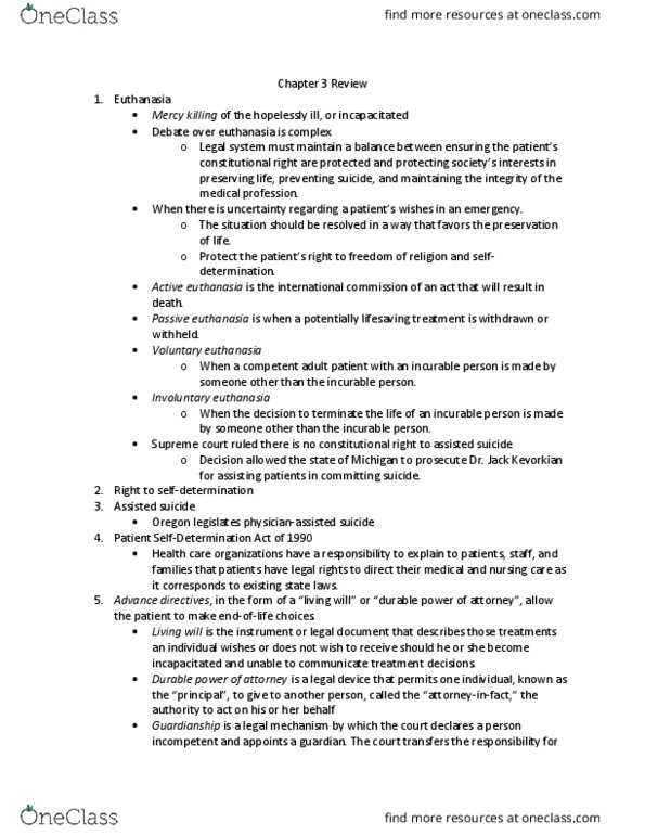 IHS 3112 Chapter Notes - Chapter 3: Healthcare Proxy, Jack Kevorkian, Involuntary Euthanasia thumbnail