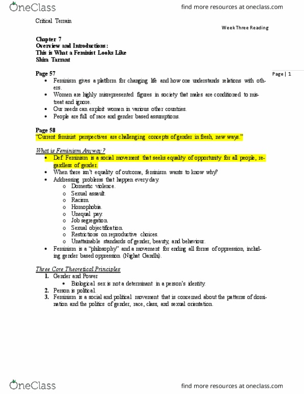 WGST 1F90 Chapter Notes - Chapter Critical Terrain Readings, pages 57-69: Sexual Objectification, Sexual Assault, Genderqueer thumbnail