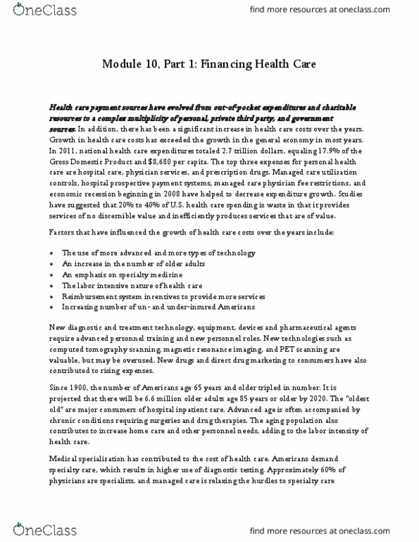 HSA 3111 Lecture Notes - Lecture 10: Medicaid Managed Care, Primary Care Physician, Managed Care thumbnail