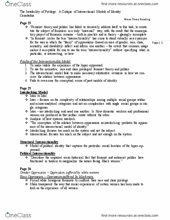 WGST 2P98 Chapter Notes - Chapter WGST 2P98, Week 3, Carastathis, reading Note: Feminist Theory, Intersectionality, Invisibility thumbnail