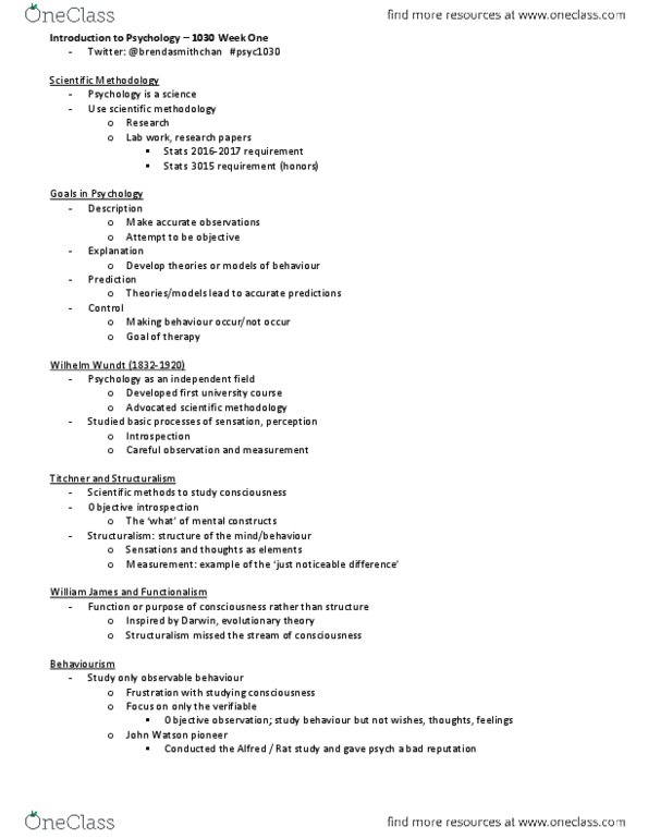 PSYC 1030H Lecture Notes - Endocrine System, Wilhelm Wundt, Psychodynamics thumbnail