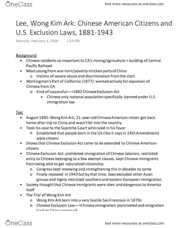 HISTORY 142A Chapter Notes - Chapter article: United States V. Wong Kim Ark, Central Pacific Railroad, Cockstock Incident thumbnail