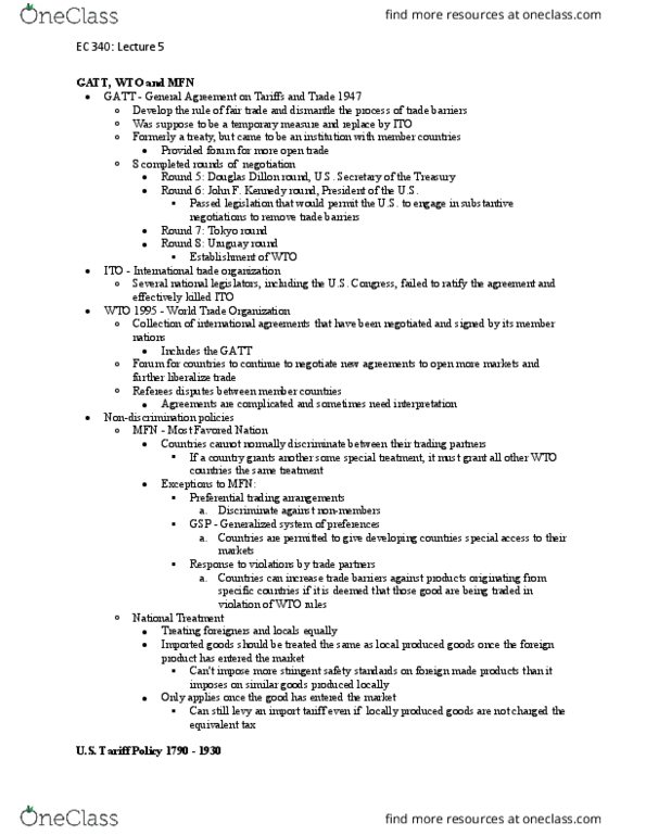 EC 340 Lecture Notes - Lecture 5: Morrill Tariff, Justin Smith Morrill, Most Favoured Nation thumbnail