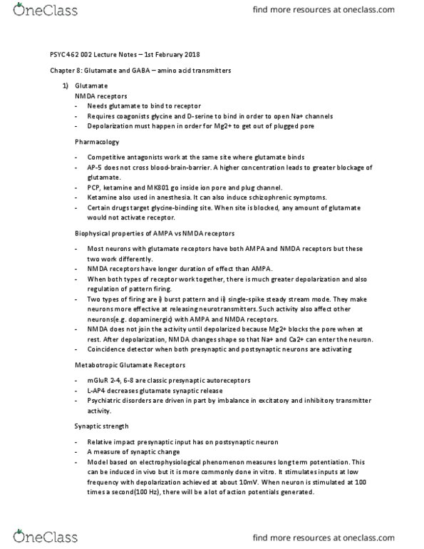 PSYC 462 Lecture Notes - Lecture 9: Long-Term Potentiation, Ketamine, Autoreceptor thumbnail