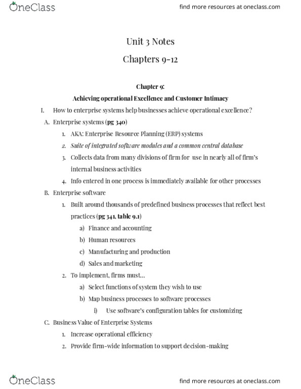CIS-2050 Chapter Notes - Chapter 9-12: Enterprise Resource Planning, Enterprise Software, Supply Chain thumbnail