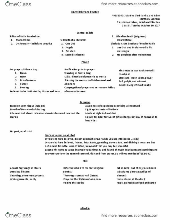 AHSS*1120 Lecture Notes - Lecture 5: Islamic Calendar, Jannah, Orthopraxy thumbnail