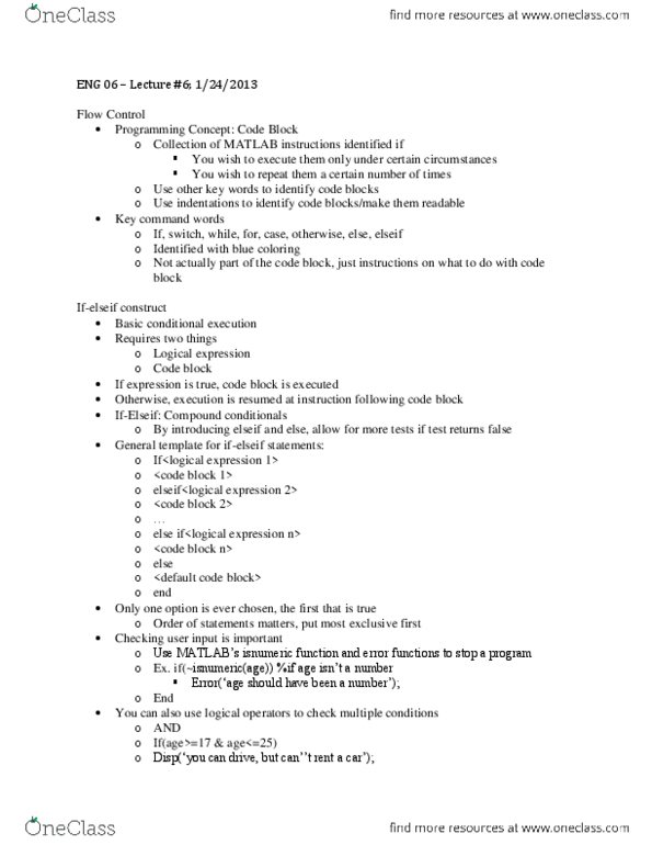 ENG 6 Lecture Notes - Lecture 6: While Loop, Matlab, Arithmetic Progression thumbnail