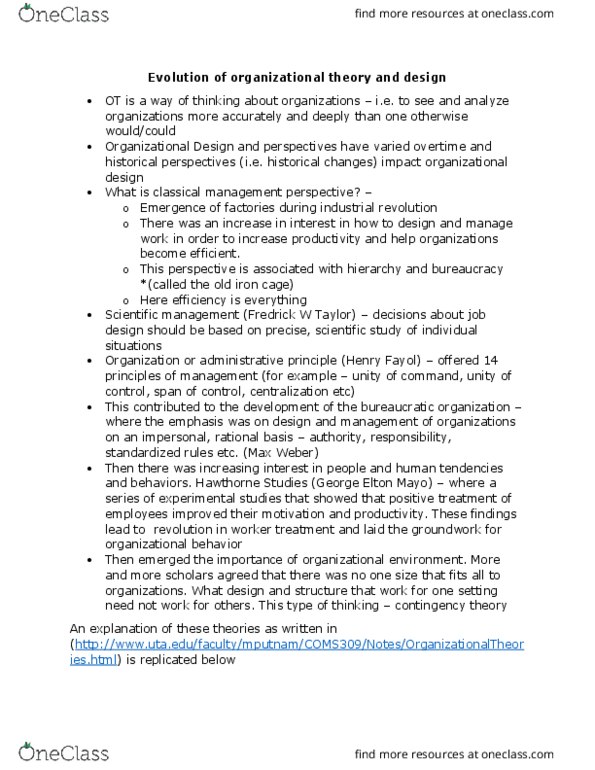 BUS 374 Lecture Notes - Lecture 2: Morale, Elton Mayo, Hierarchical Organization thumbnail