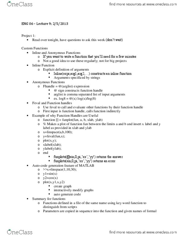 ENG 6 Lecture Notes - Lecture 9: Matlab, Linear Regression, Cubic Hermite Spline thumbnail