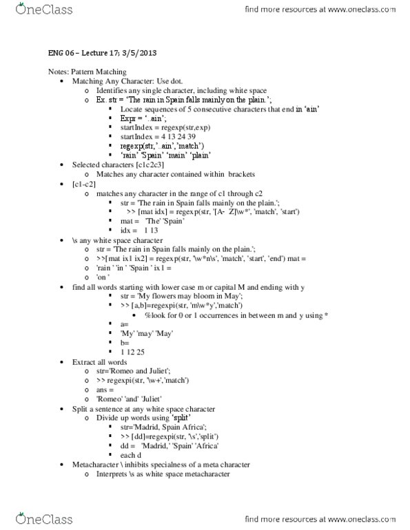 ENG 6 Lecture Notes - Lecture 17: Matlab, Metacharacter thumbnail