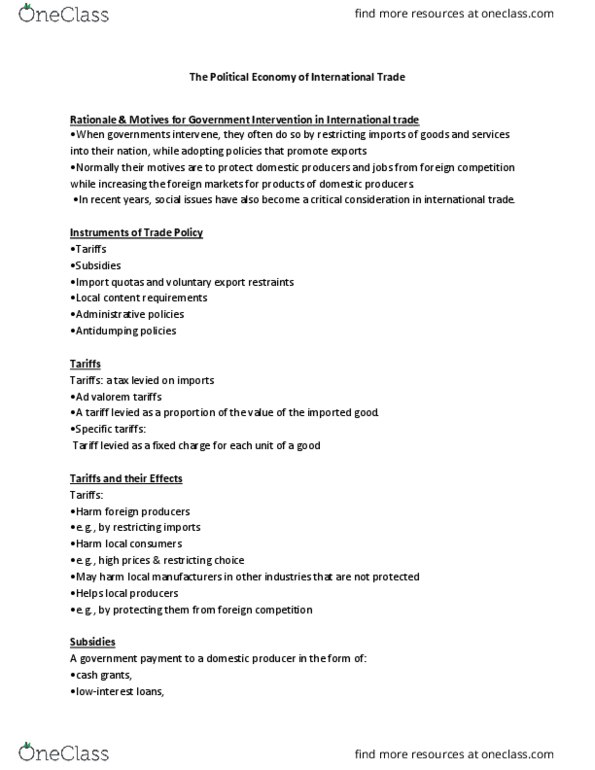 BUSI 1701 Lecture Notes - Lecture 5: Voluntary Export Restraints, Import Quota, International Trade thumbnail