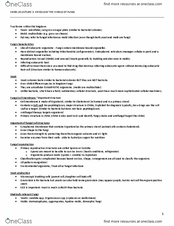 MICR 121 Lecture Notes - Lecture 3: Cryptococcus Neoformans, Gram Staining, Ergosterol thumbnail