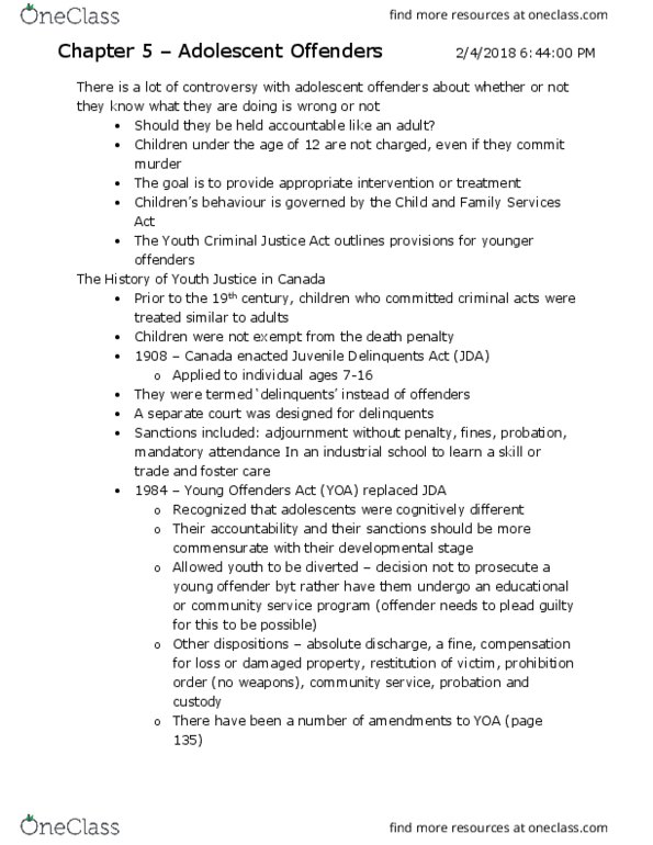 PSYC 3402 Chapter Notes - Chapter 5: Youth Criminal Justice Act, Young Offenders Act, Truancy thumbnail