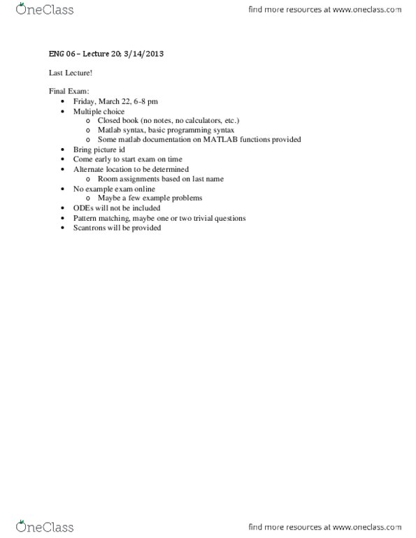 ENG 6 Lecture Notes - Lecture 20: Pattern Matching, Multiple Choice, Matlab thumbnail