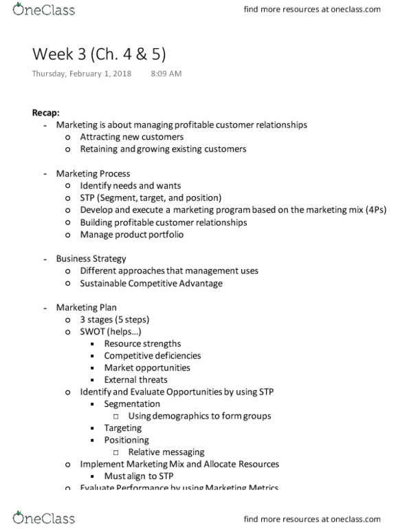 MKT 100 Lecture Notes - Lecture 3: Marketing Mix, Swot Analysis, Conversion Marketing thumbnail