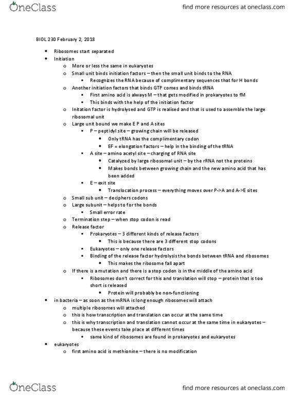 BIOL 230 Lecture Notes - Lecture 13: Release Factor, Transfer Rna, Liposome thumbnail