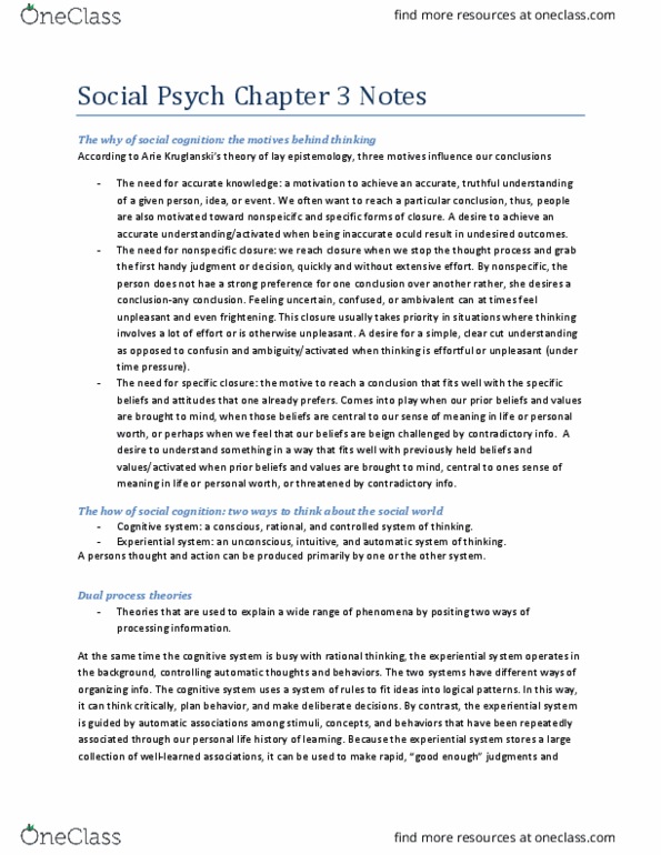 PSYC 2120 Chapter Notes - Chapter 3: Dual Process Theory, Unconscious Mind, Social Cognition thumbnail